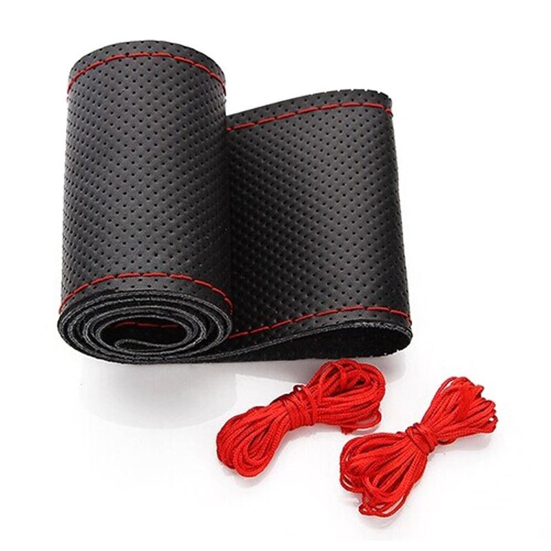 BELINOUS Universal Leather Car Steering Wheel Cover, Stitch On Wrap (Size M4, Black and Red) - Image 1